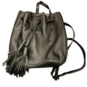Rebecca Minkoff Black Pebbled Leather Julian Bucket Backpack Tassel Drawstring